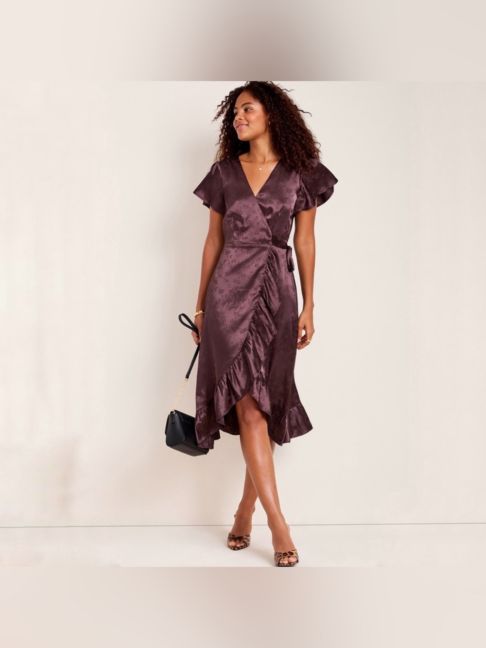 Francesca’s Clare Wrapped Satin Floral Print Midi Dress in Brown NWT